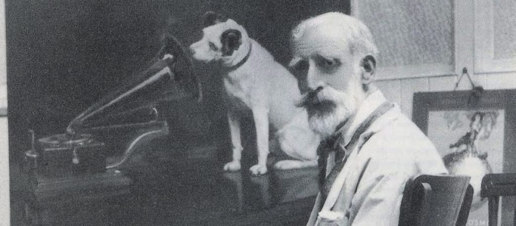 Music & Memory: The Painter Francis Barraud with his famous work of the dog nipper known as 'His Master's Voice' Used as the logo for HMV and JVC. The RCA dog