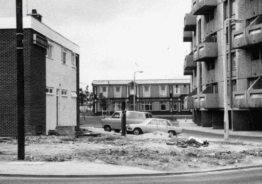 Hulme, Manchester in the early 1970s. These brutalist buildings were an aesthetic influence on the music of Joy Division.